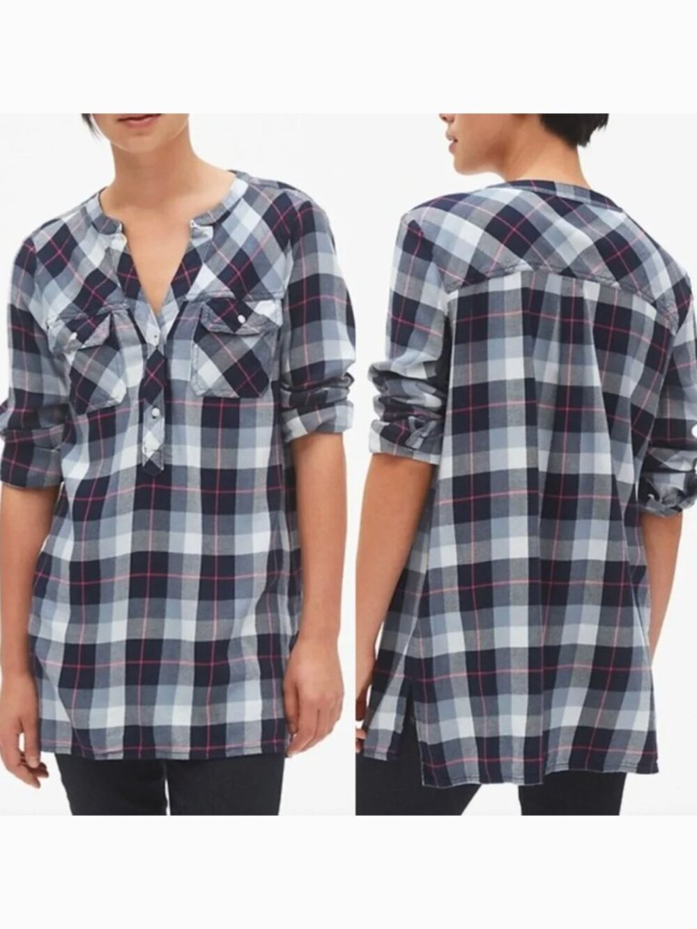 GAP Plaid Henley Tunic Top Navy Blue White Pink Flannel Button Down Shirt Medium